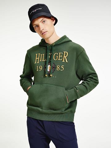 Férfi Tommy Hilfiger Icon Organic Pamut Crest Hoodies Zöld | HU 1230TCE